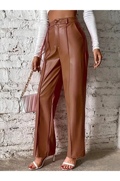 Monapera Eyesof Women's Wide Cut Lame Leather Trousers with Front Zipper Pockets