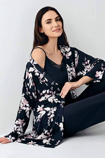 Pierre Cardin 9108 Women's Black Dressing Gown with String Straps and Lace De...