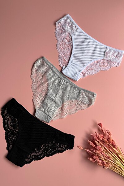 Elosia Velia Curve 3-Pack |   Cotton Camisole Fabric with Lace on the Back Black, White and Skin Color Women's Panties 50E25