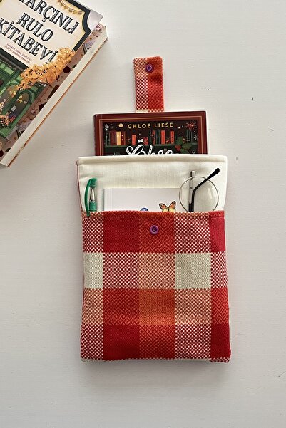 Outlet Çarşım Two-Compartment Linen Book Cover Orange Large Checkered Book Lover Gift