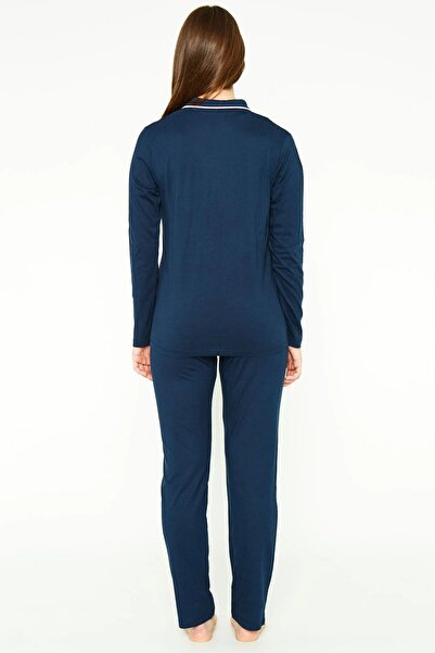 Pierre Cardin 7717 Women's Navy Blue Long Sleeve Button Front Piping Shirt Pajama Set