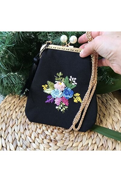 Home 18X18 Inches Black Linen Fabric Hand Embroidered Rococo Pattern Vintage Style Bag. 100% Handmade