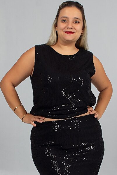 Truva XXL Plus Size Sequin Lined Blouse Black Stylish and Sparkling