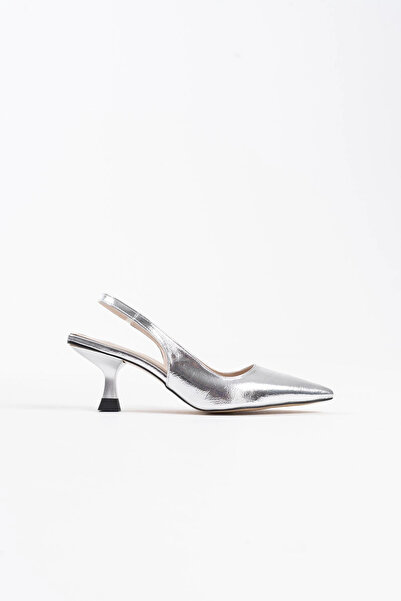 TB Terzi Bey Angelica Women's Silver Wrinkled Patent Leather Heeled Shoes