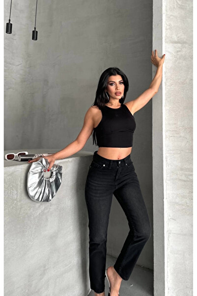 MODA Mom fit enzyme whiskered stone wash τζιν παντελόνι μαύρο d2006