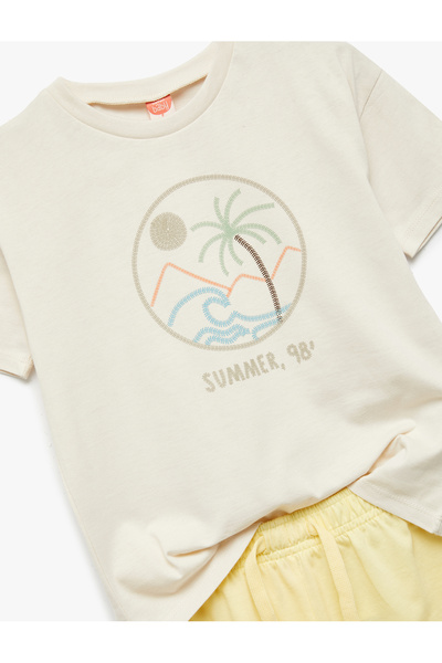 Koton Printed Short Sleeve Crew Neck Cotton T-Shirt and Shorts Set