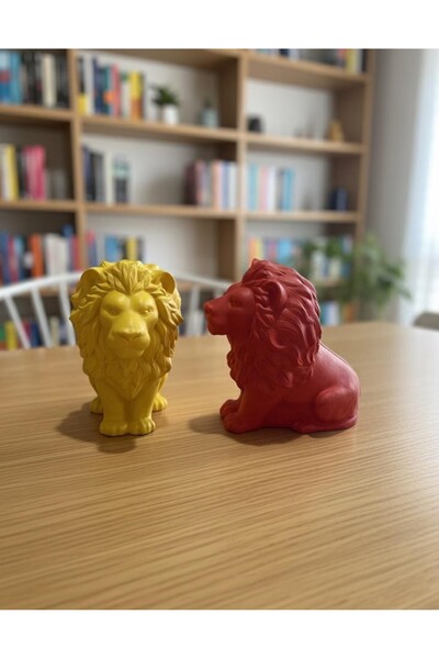 Ferdali Dekoratif Aslan Biblo Heykel Seti [2'li] Kırmızı Ve Sarı Ofis Ev Kita...