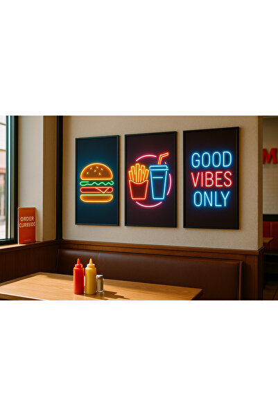 Avelon Çerçevesiz Neon Fast Food Poster Seti (3’lü) – “Good Vibes Only” Temal...
