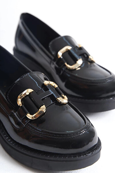 TB Terzi Bey Caro Patent Leather Black Gold Buckle Women's Loafer