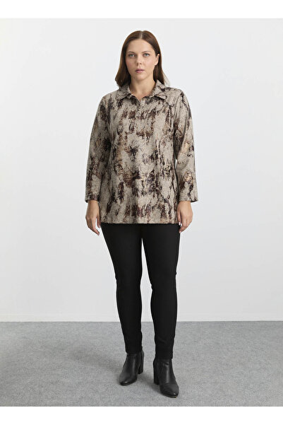 Selen Polo Yaka Varaklı Bej Kadın Bluz 25KSL8267