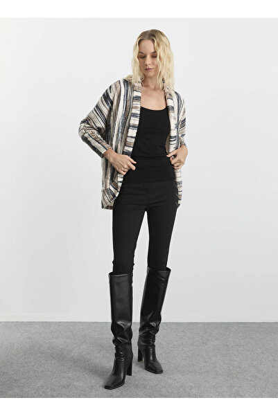 Selen Ekru Kadın V Standart Çizgili Hırka 25KSL4175