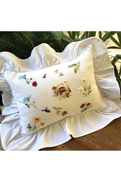 Home Baby Pillow, Size 55X40, Handcrafted, with Embroidery Details, Filled with Inner Padding, with Ruffle Details, Linen Pillow.