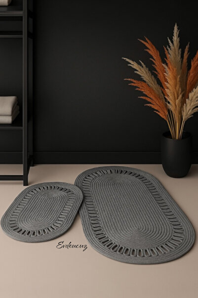 evdeucuz 2-Piece Bathroom Mat Set Black, Jute Wicker Toilet Set, Door Mat (40X60-50X80)