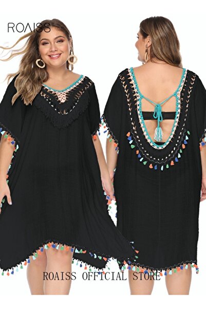 ROAISS Women Lace-up Beach Blouse with Fringe Trim Cover Up Beachwear Embroidery Mesh Dress Casual Bathing