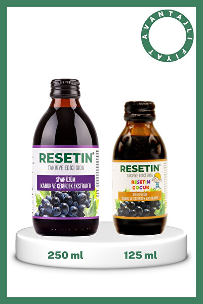 Resetin Siyah Üzüm Kabuk ve Çekirdek Ekstraktı 250 ml Takviye Edici Gıda + Çocuk 125 ml 2'li Set