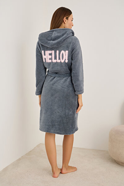 Siyah İnci сірий з вишивкою на спині Халат з капюшоном Wellsoft 7925