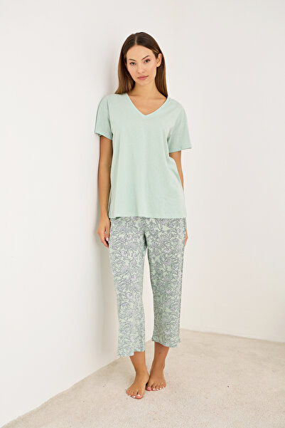 Siyah İnci Green Bottom Floral Pattern Knitted Short Sleeve Capri Suit 7902