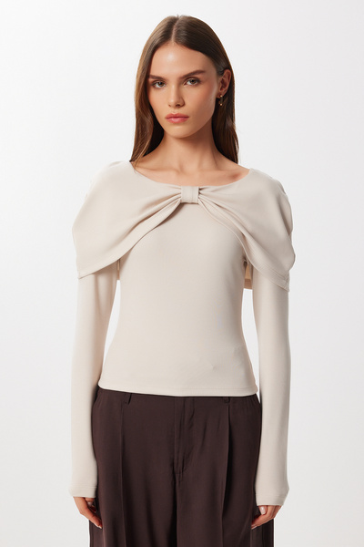 Lovelyİstanbul Pletená halenka s mašlí LFW0013 KRÉMOVÁ