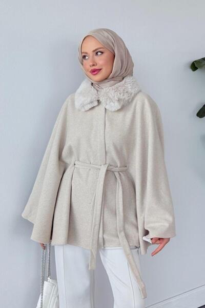 Şulemoda Giyim Fur Collar Poncho Beige