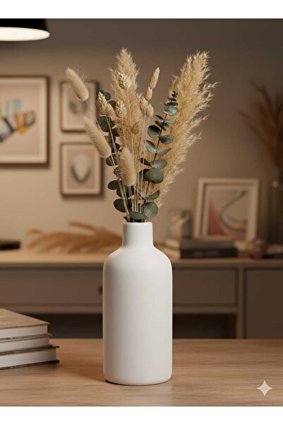 TACTIC Beyaz Dekoratif Şişe Vazo 18 cm - Modern Kuru Çiçeklik Taş Dekor