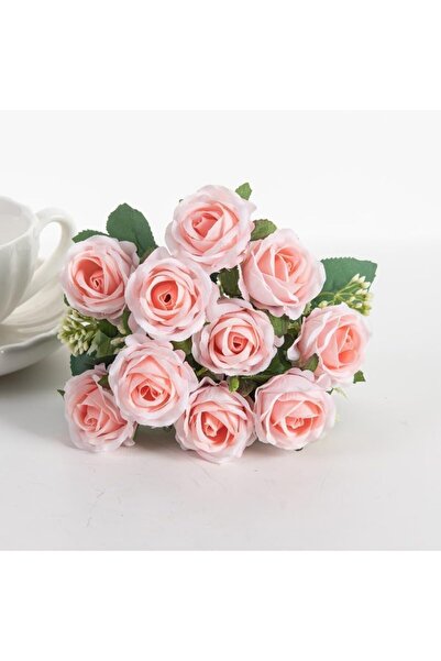 ALAYRA International باقة ورد صناعي وردي باهت مع زهور الكينا في مزهرية، 10 قط...