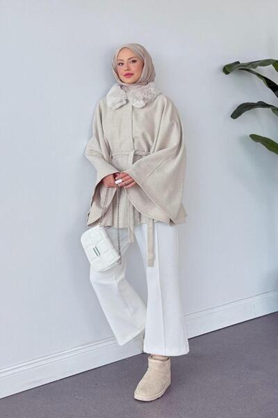 Şulemoda Giyim Fur Collar Poncho Beige