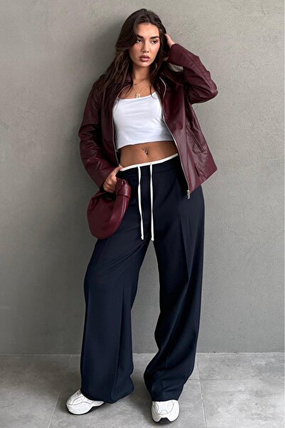 Madmext Lacivert Çift Bel Bantlı Wide Leg Kadın Pantolon MG2551