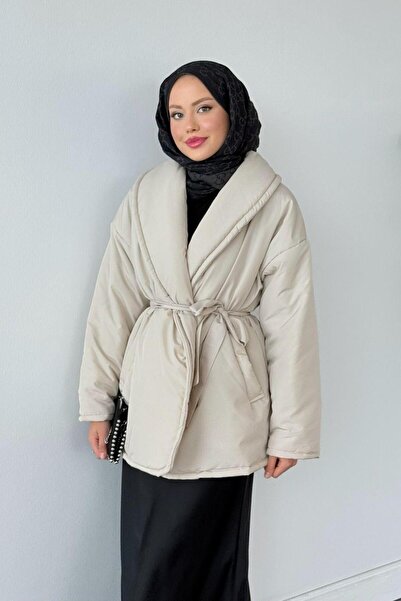 Şulemoda Giyim Μπουφάν με ίσια ζώνη φουσκωτό μπεζ