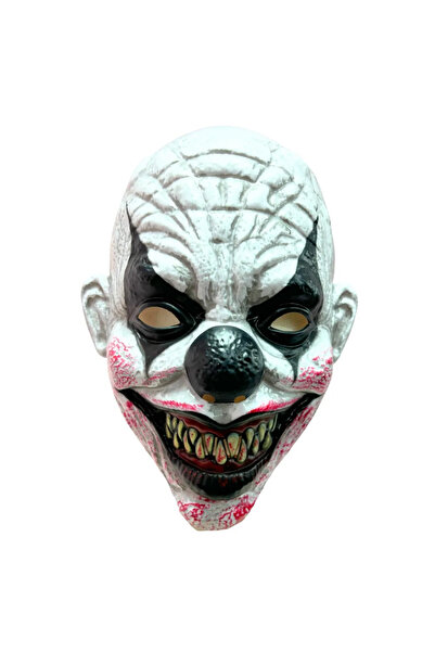 doneel قناع وجه مهرج مخيف مبتسم في الهالوين بأسنان صفراء حادة وأنف أسود - أبيض وأسود