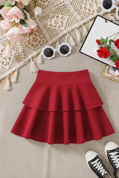 CARABO MODA Kız çocuğu fırfırlı iki katlı yüksek bel mini kloş etek(beden tablosu fotoğrafta mevcuttur)