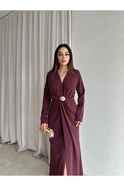 Mooi Butik LUXE Maxi Elbise 8588 - Bordo