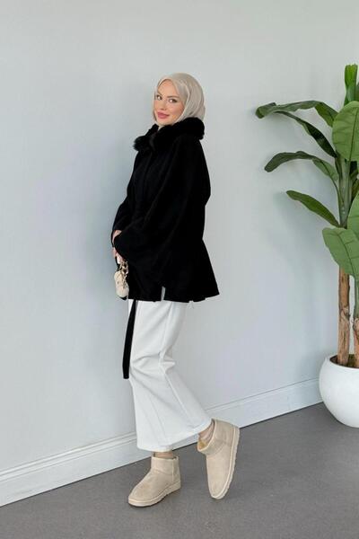 Şulemoda Giyim Fur Collar Poncho Black