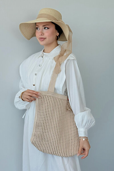 Şulemoda Giyim Ψάθινη τσάντα με χάντρες σε μπεζ χρώμα