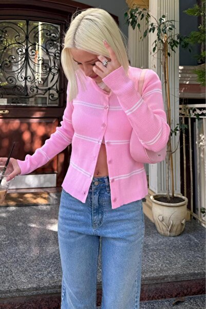 Madmext Pink Striped Women's Knitwear Cardigan Mg2481