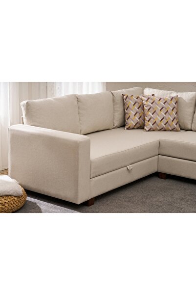 Rabi Aly Serisi Yataklı Sandıklı Köşe Koltuk Krem Arzilla Sağ