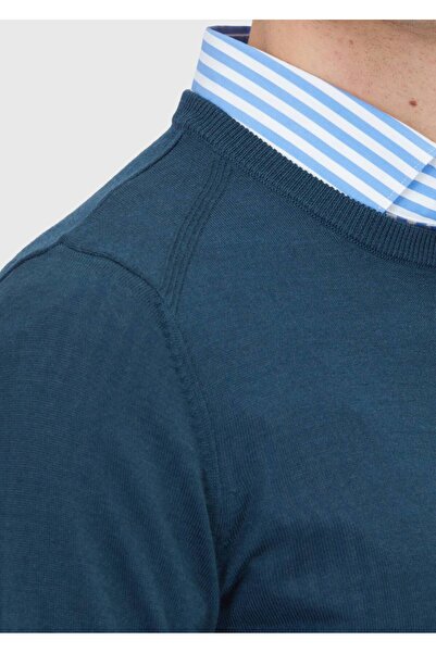 Ramsey Petrol Crew Neck Plain Knit Wool Blend Sweater