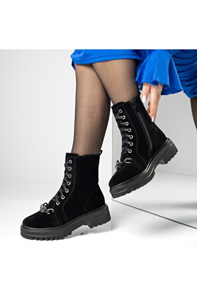 Modlet.ro Women's black suede boots with metallic accessory MOD12623