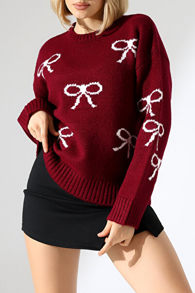 MILANOFOX Women's Bow Patterned Soft Textured Burgundy Knitwear Sweater