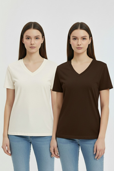 TWINTICKS Women's V-Neck Short Sleeve Casual Wear Cotton Two-Piece T-Shirt Se...