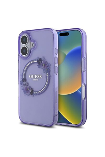 Guess Carcasă pentru iPhone 16, IML Flori Coroană MagSafe - Violet