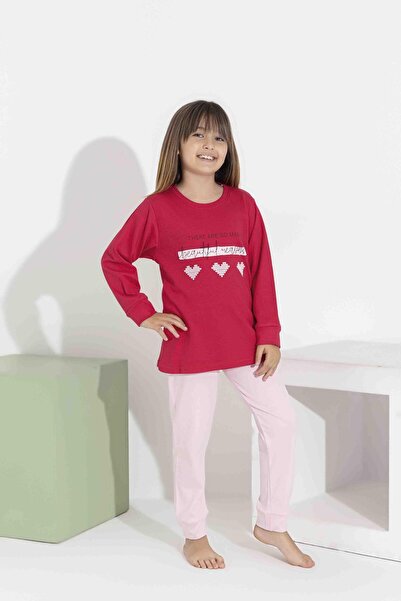 RAPAPA Set de pijamale pentru fete cu mâneci lungi, roșu și fund roz – țesătu...