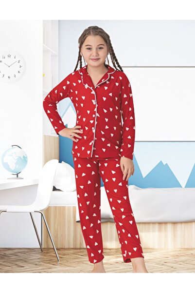 zahider Mother-Daughter Heart Pattern Cotton Button-Down Shirt Collar Suede Fabric Pajamas Set