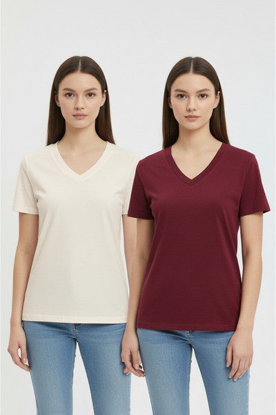 TWINTICKS Women's V-Neck Short Sleeve Casual Wear Cotton Two-Piece T-Shirt Se...