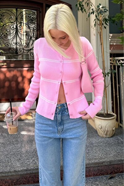 Madmext Pink Striped Women's Knitwear Cardigan Mg2481