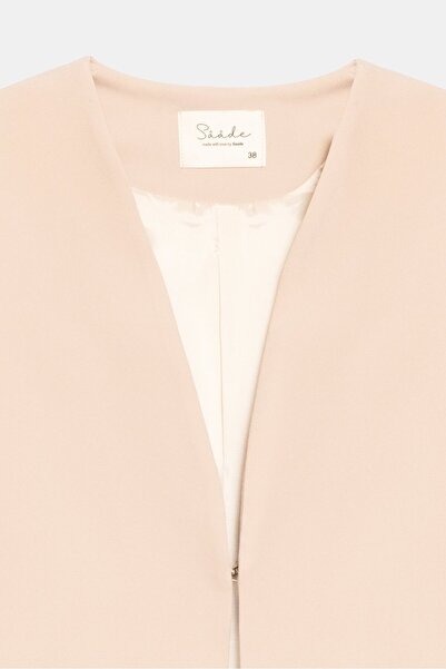 Saade Beige Women's V-Neck Agraf Closure Comfortable Cut Pocketed Woven Long Vest