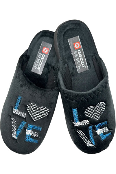 GEZER Papuci de casa pentru dama, negru cu imprimeu LOVE, marime 38, 23.5 centimetri, comozi si caldurosi