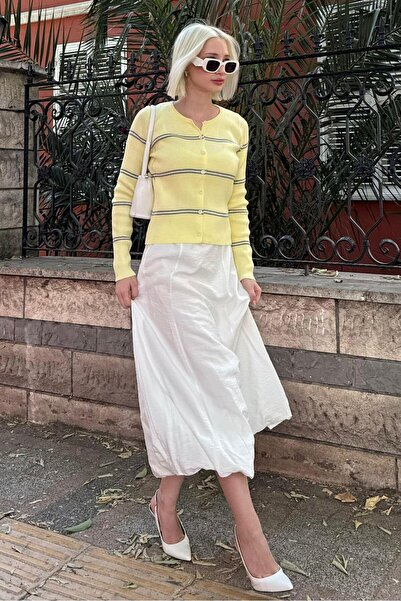 Madmext Sarı Çizgili Kadın Triko Hırka MG2481