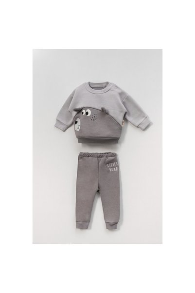 damdamin 100% Cotton Baby Boy's Set with'Little Bear' Print and Embroidery, 3-Thread Raised Stitch Bottom & Top Set