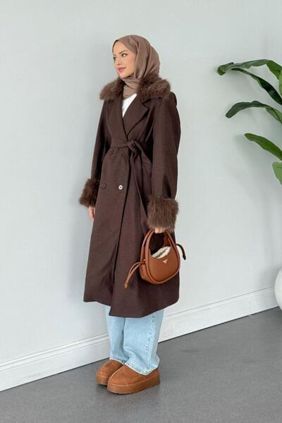 Şulemoda Giyim معطف يارين بياقة فرو بني اللون