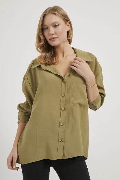 Arma Life Women's Modal Casual Open Collar Green Oversized Shirt